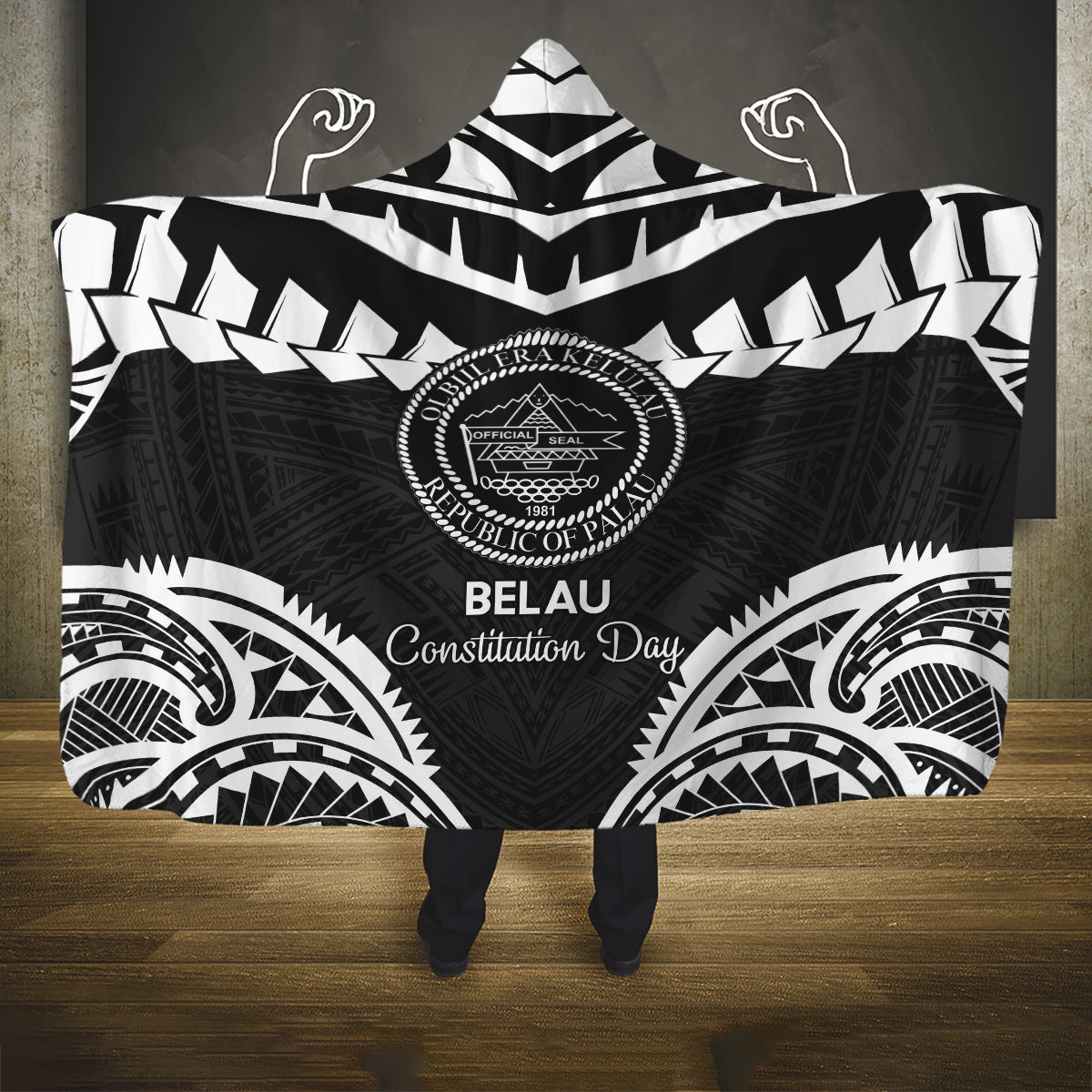 Palau Constitution Day Hooded Blanket Belau Seal With Polynesian Pattern - Black