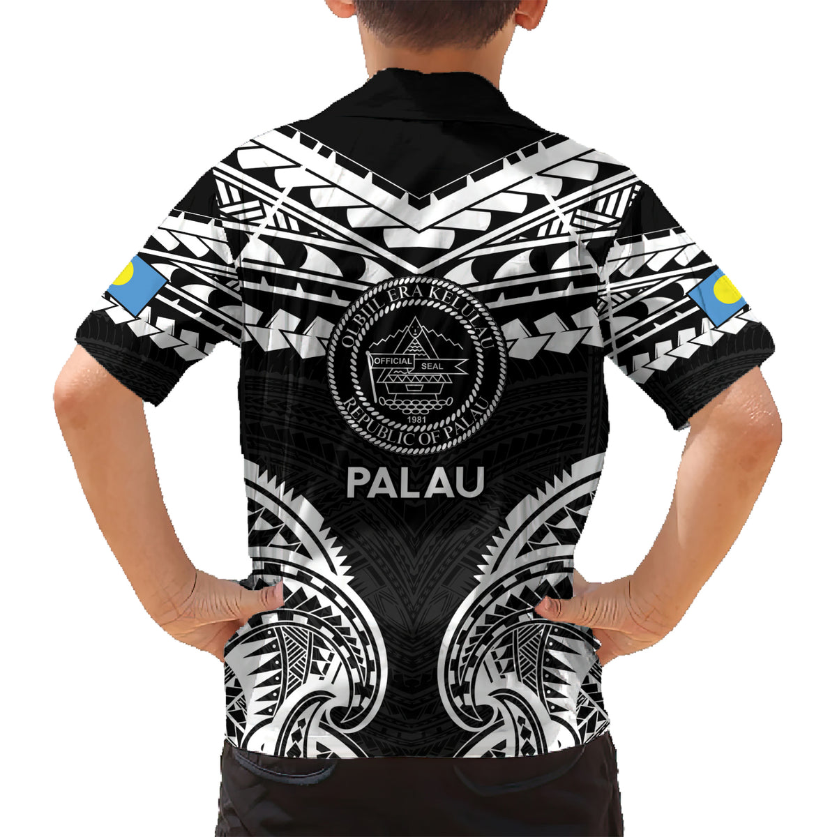 Palau Constitution Day Kid Hawaiian Shirt Belau Seal With Polynesian Pattern - Black LT14 - Polynesian Pride