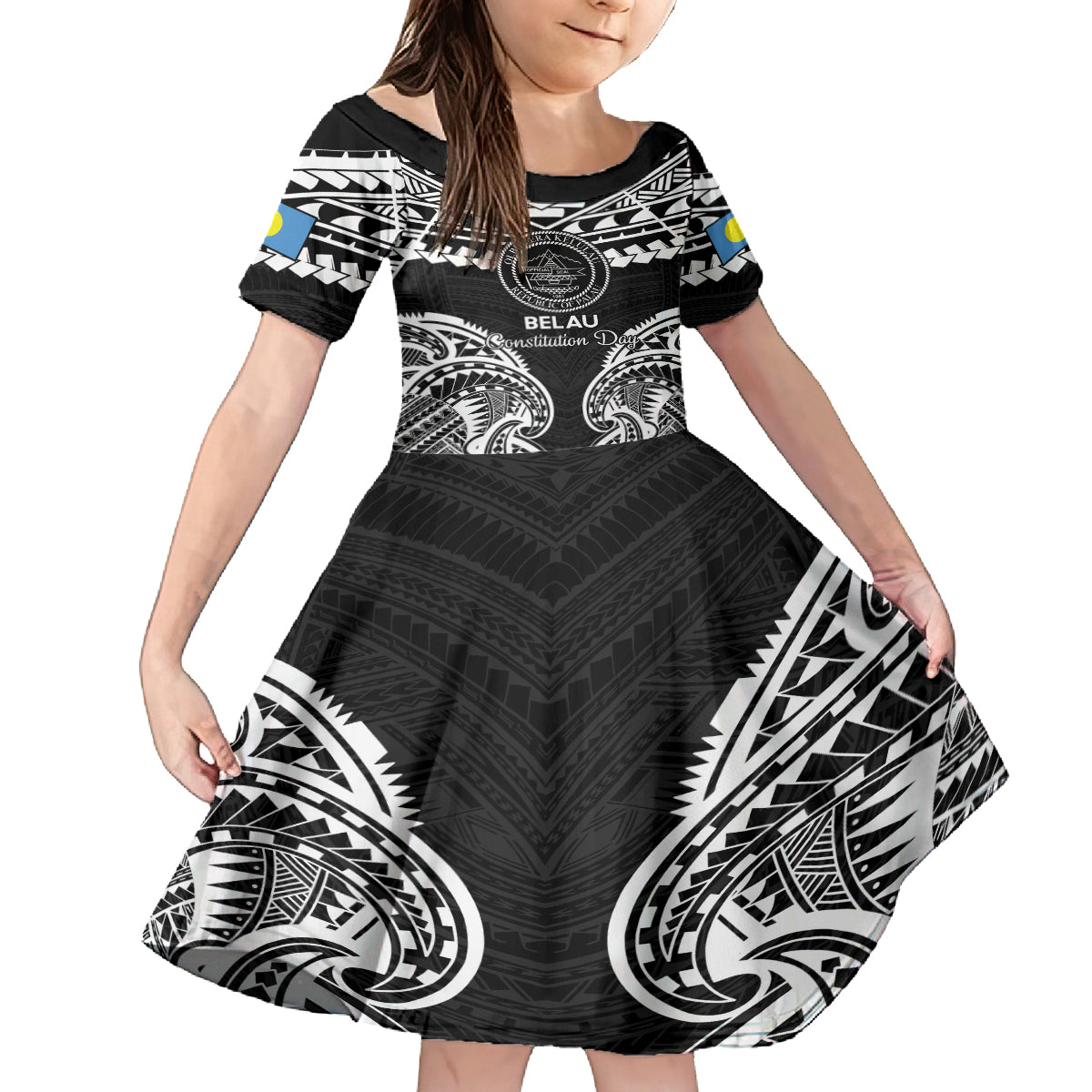 Palau Constitution Day Kid Short Sleeve Dress Belau Seal With Polynesian Pattern - Black LT14 KID Black - Polynesian Pride