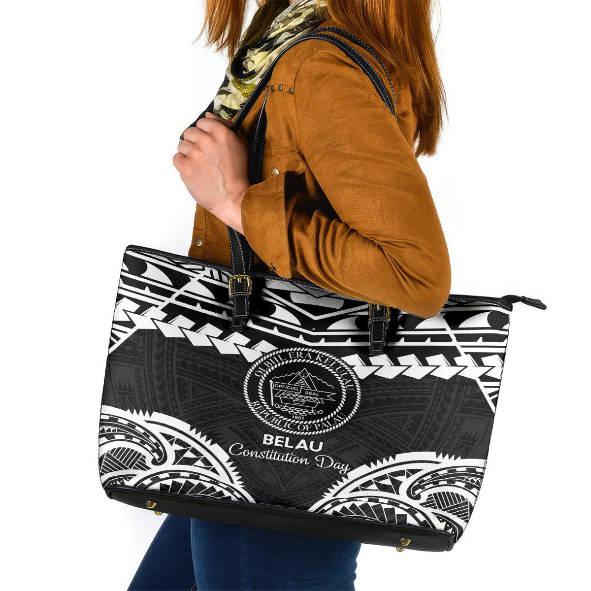 Palau Constitution Day Leather Tote Bag Belau Seal With Polynesian Pattern - Black LT14 Black - Polynesian Pride
