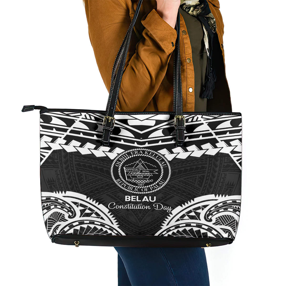 Palau Constitution Day Leather Tote Bag Belau Seal With Polynesian Pattern - Black LT14 - Polynesian Pride