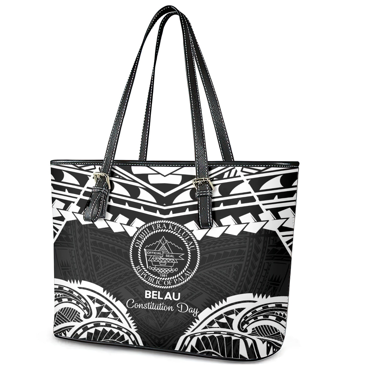 Palau Constitution Day Leather Tote Bag Belau Seal With Polynesian Pattern - Black LT14 - Polynesian Pride