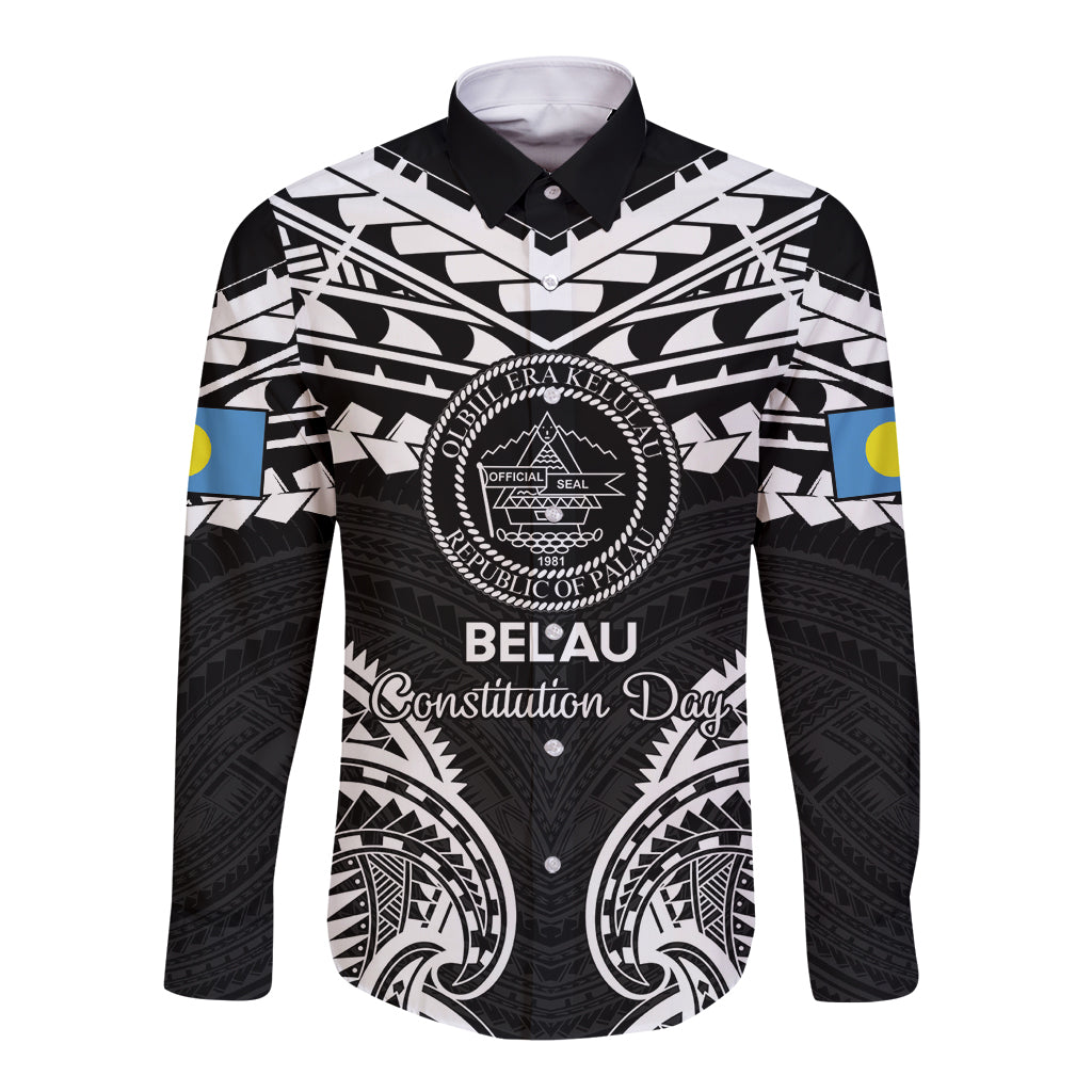 Palau Constitution Day Long Sleeve Button Shirt Belau Seal With Polynesian Pattern - Black