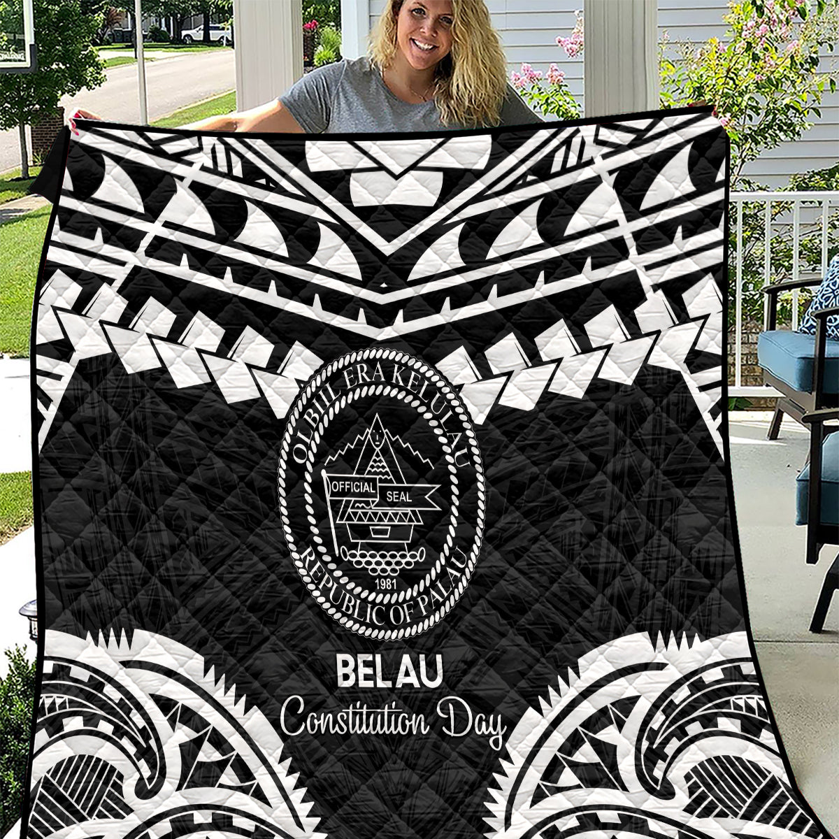 Palau Constitution Day Quilt Belau Seal With Polynesian Pattern - Black LT14 Black - Polynesian Pride