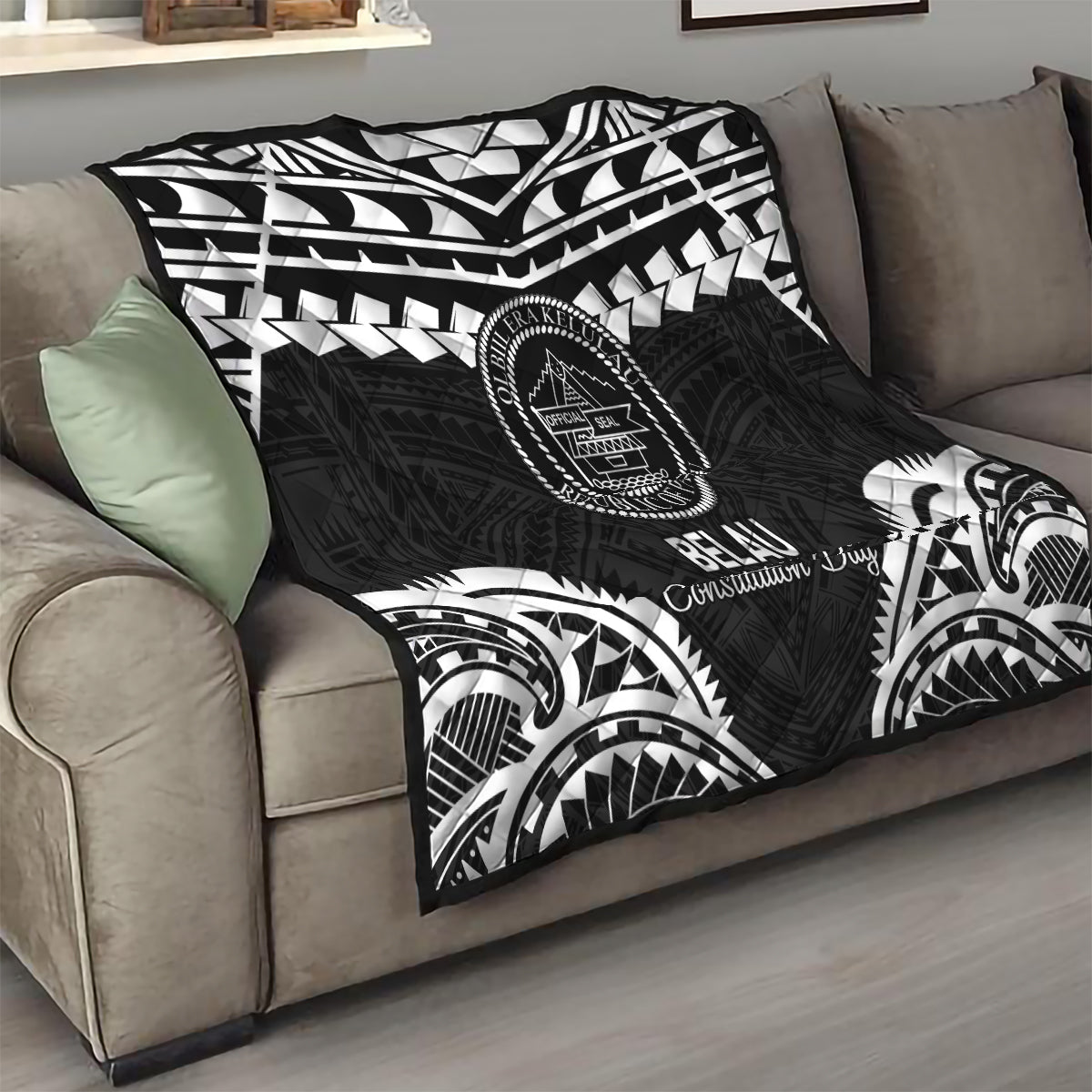 Palau Constitution Day Quilt Belau Seal With Polynesian Pattern - Black LT14 - Polynesian Pride