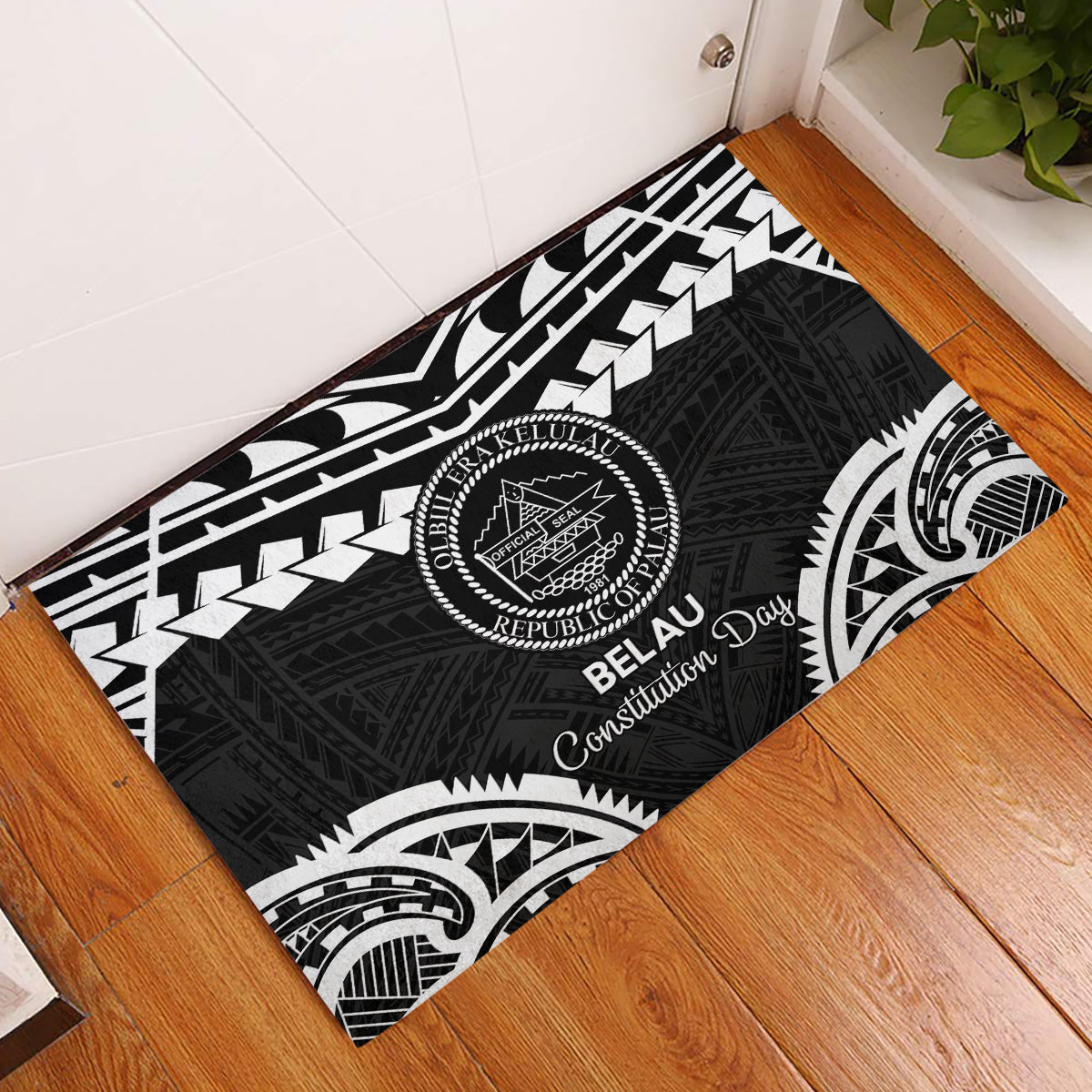 Palau Constitution Day Rubber Doormat Belau Seal With Polynesian Pattern - Black LT14 Black - Polynesian Pride