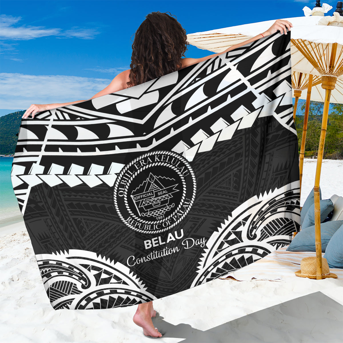 Palau Constitution Day Sarong Belau Seal With Polynesian Pattern - Black LT14 One Size 44 x 66 inches Black - Polynesian Pride