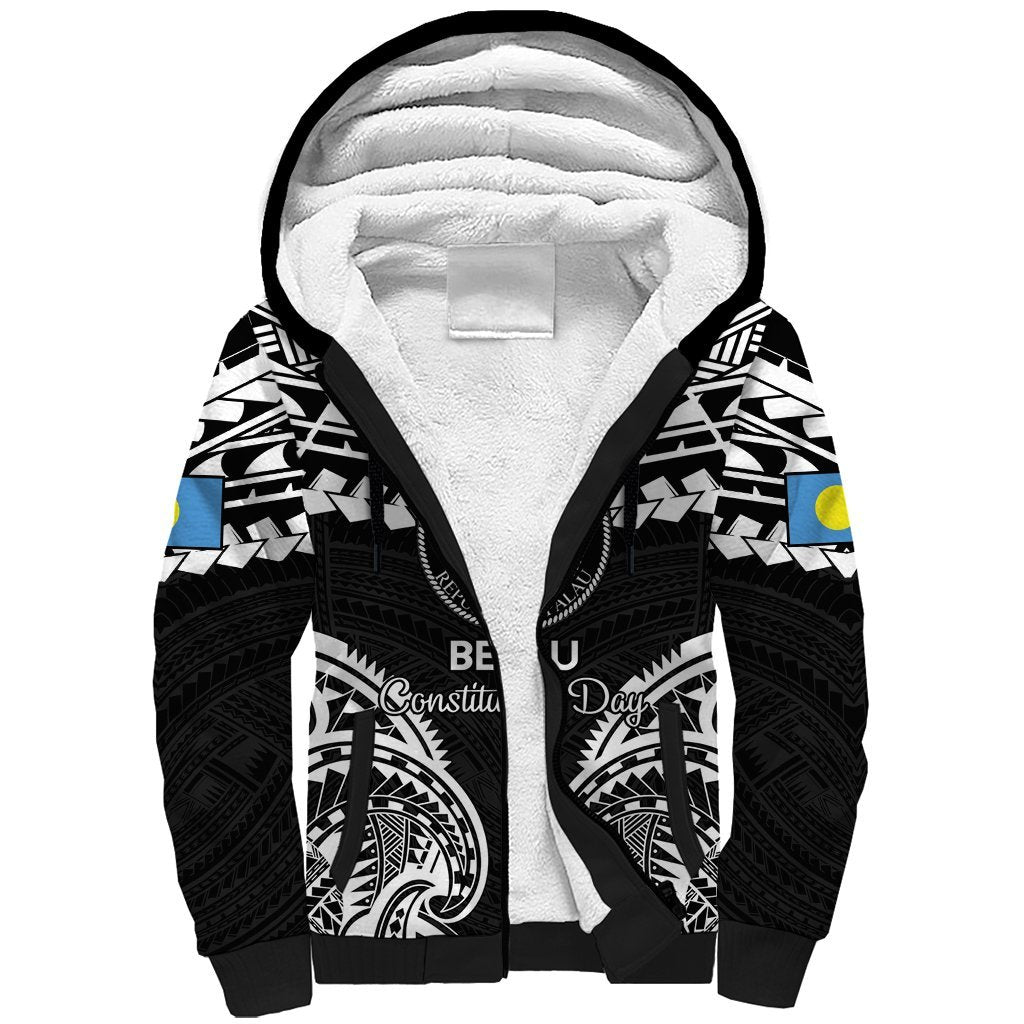 Palau Constitution Day Sherpa Hoodie Belau Seal With Polynesian Pattern - Black LT14 Unisex Black - Polynesian Pride