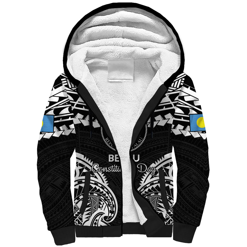Palau Constitution Day Sherpa Hoodie Belau Seal With Polynesian Pattern - Black