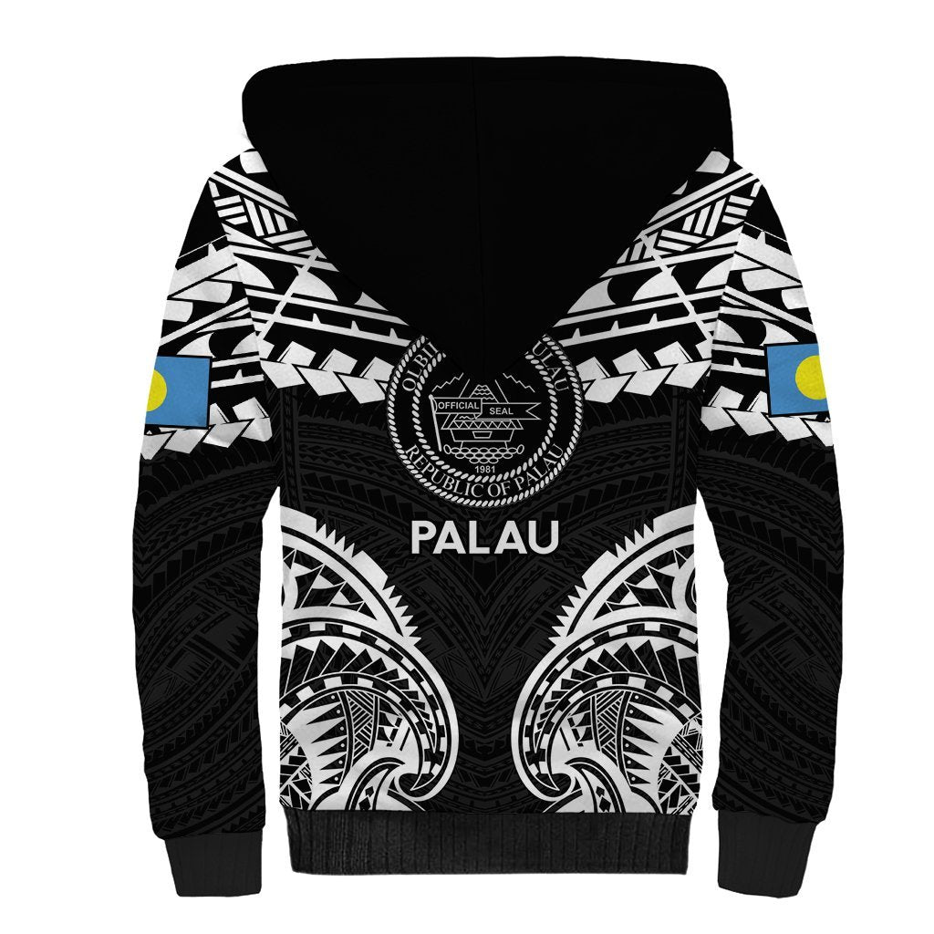 Palau Constitution Day Sherpa Hoodie Belau Seal With Polynesian Pattern - Black LT14 - Polynesian Pride
