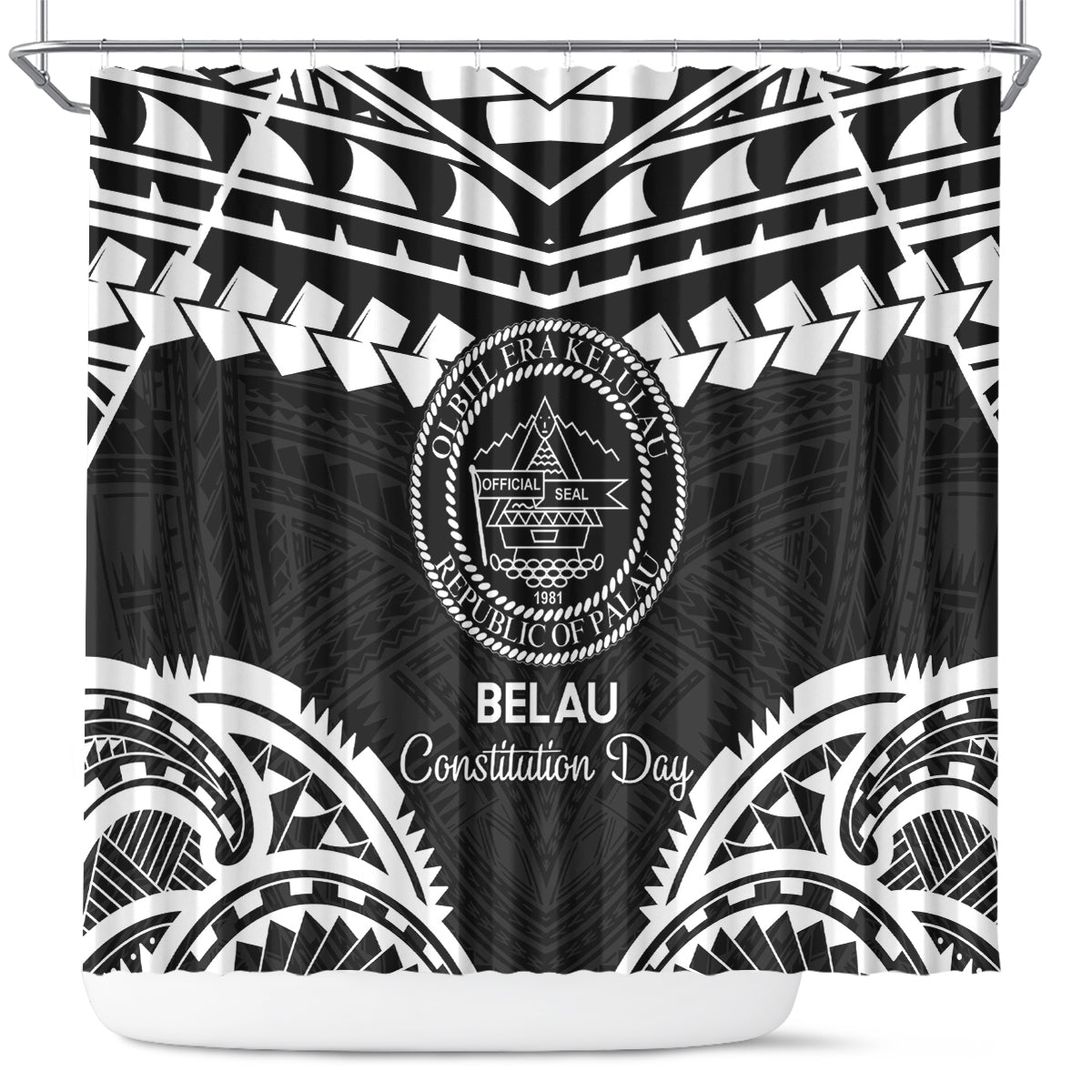 Palau Constitution Day Shower Curtain Belau Seal With Polynesian Pattern - Black LT14 Black - Polynesian Pride