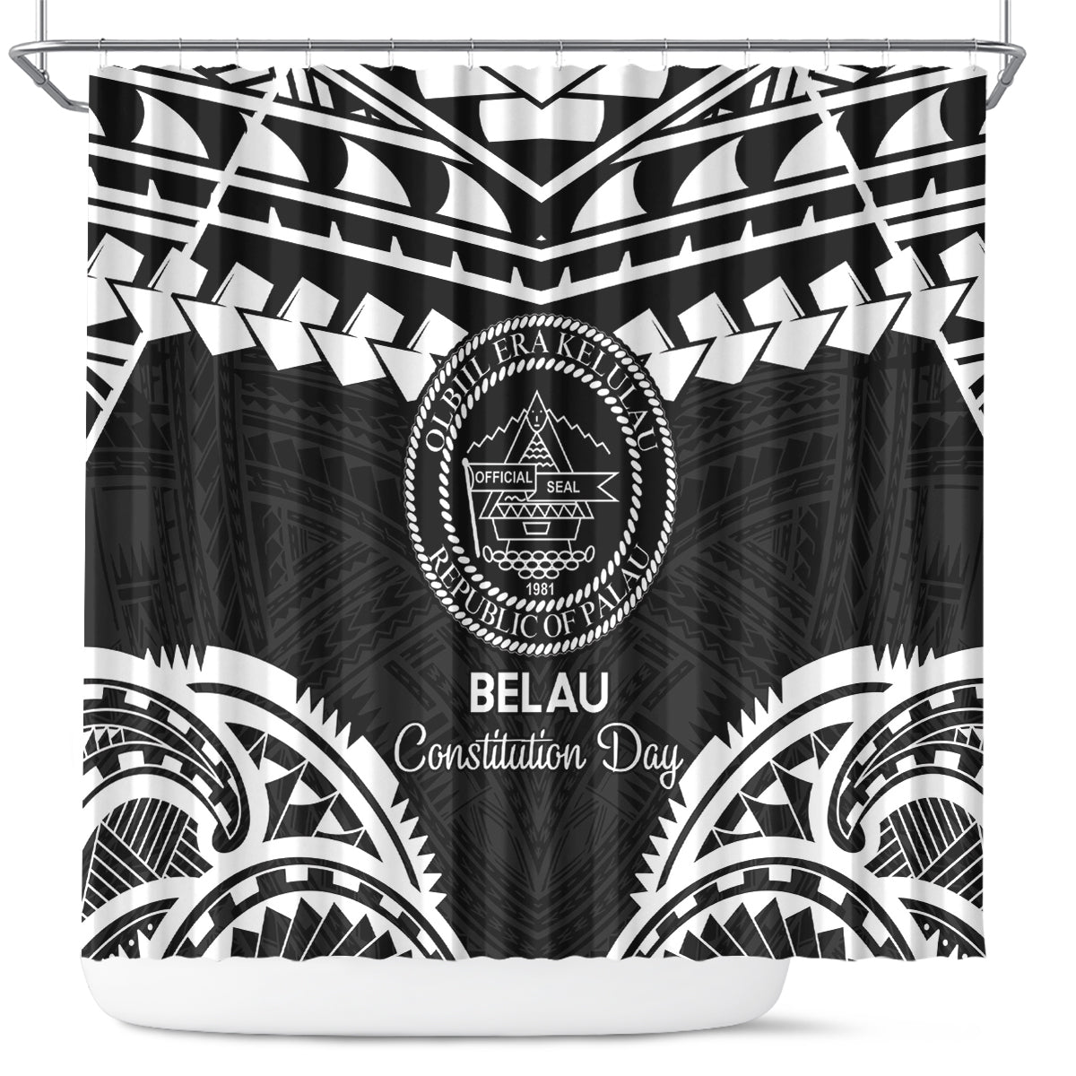 Palau Constitution Day Shower Curtain Belau Seal With Polynesian Pattern - Black