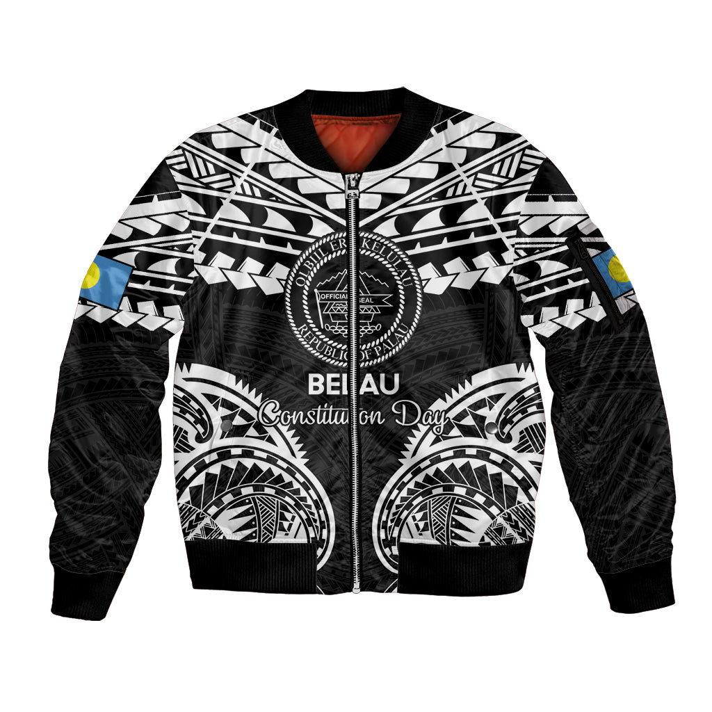Palau Constitution Day Sleeve Zip Bomber Jacket Belau Seal With Polynesian Pattern - Black LT14 Unisex Black - Polynesian Pride