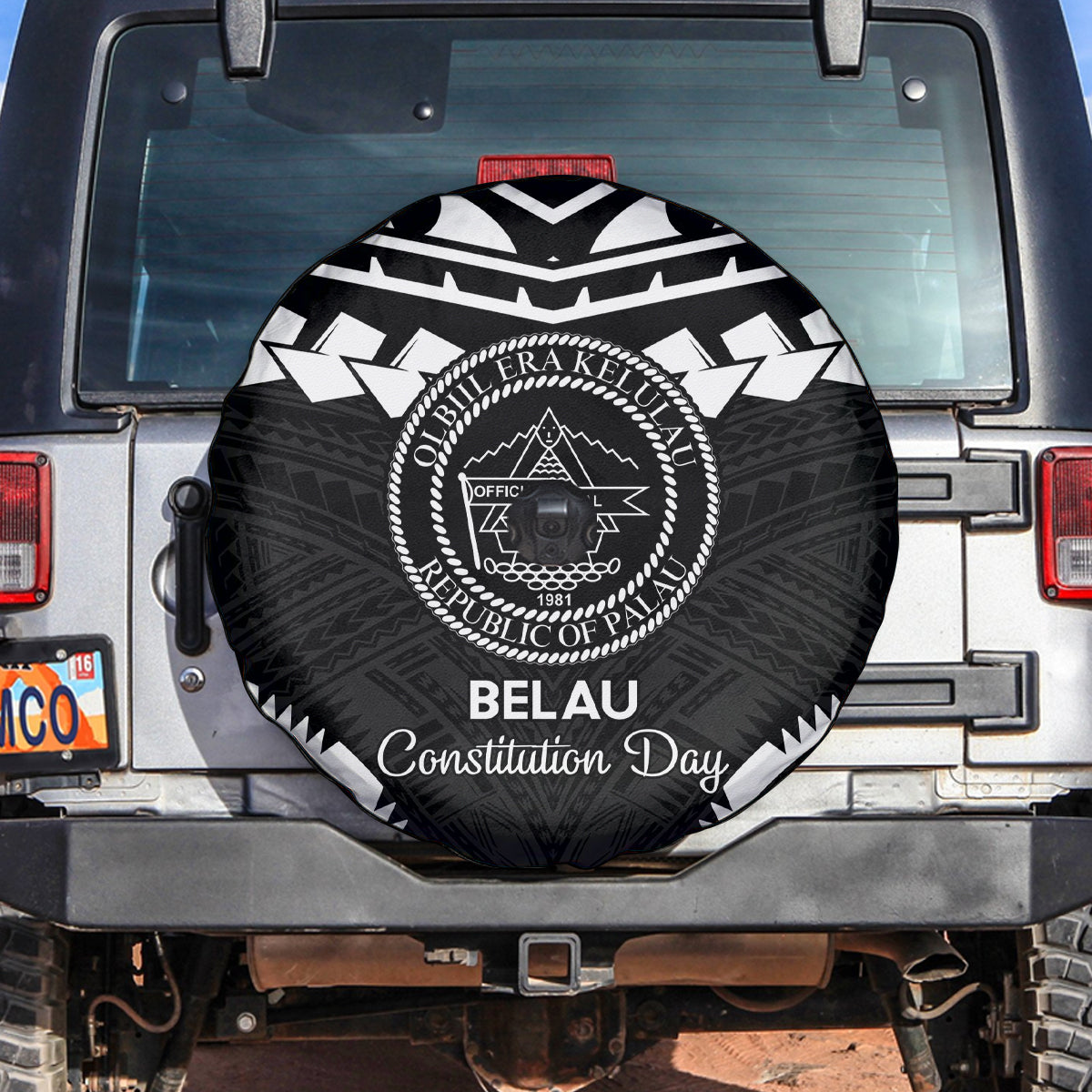 Palau Constitution Day Spare Tire Cover Belau Seal With Polynesian Pattern - Black