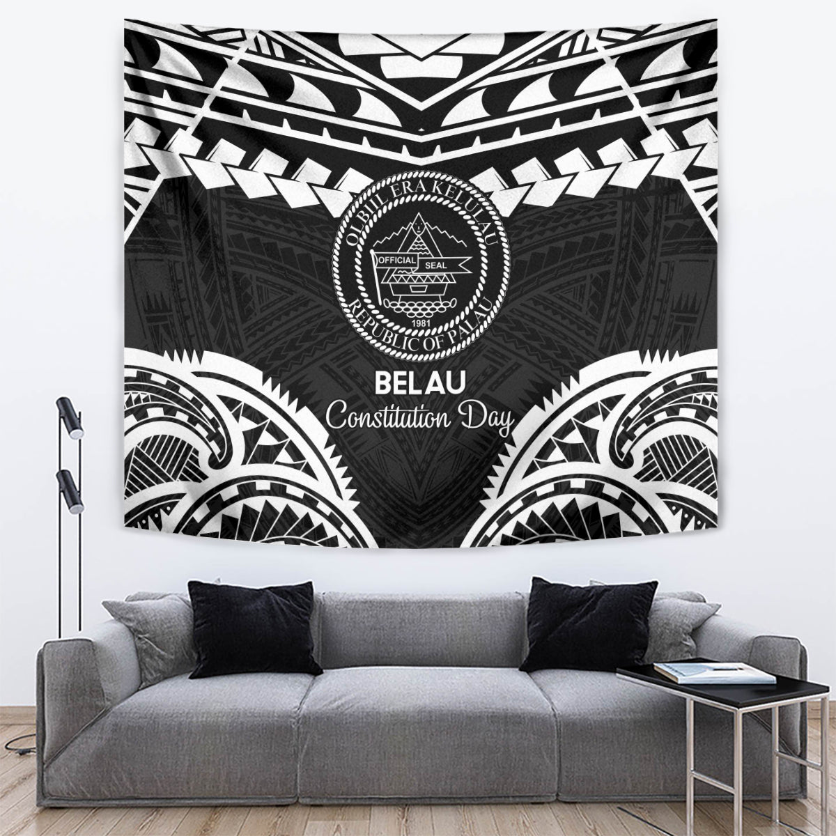 Palau Constitution Day Tapestry Belau Seal With Polynesian Pattern - Black LT14 Black - Polynesian Pride