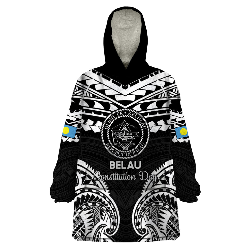 Palau Constitution Day Wearable Blanket Hoodie Belau Seal With Polynesian Pattern - Black LT14 One Size Black - Polynesian Pride