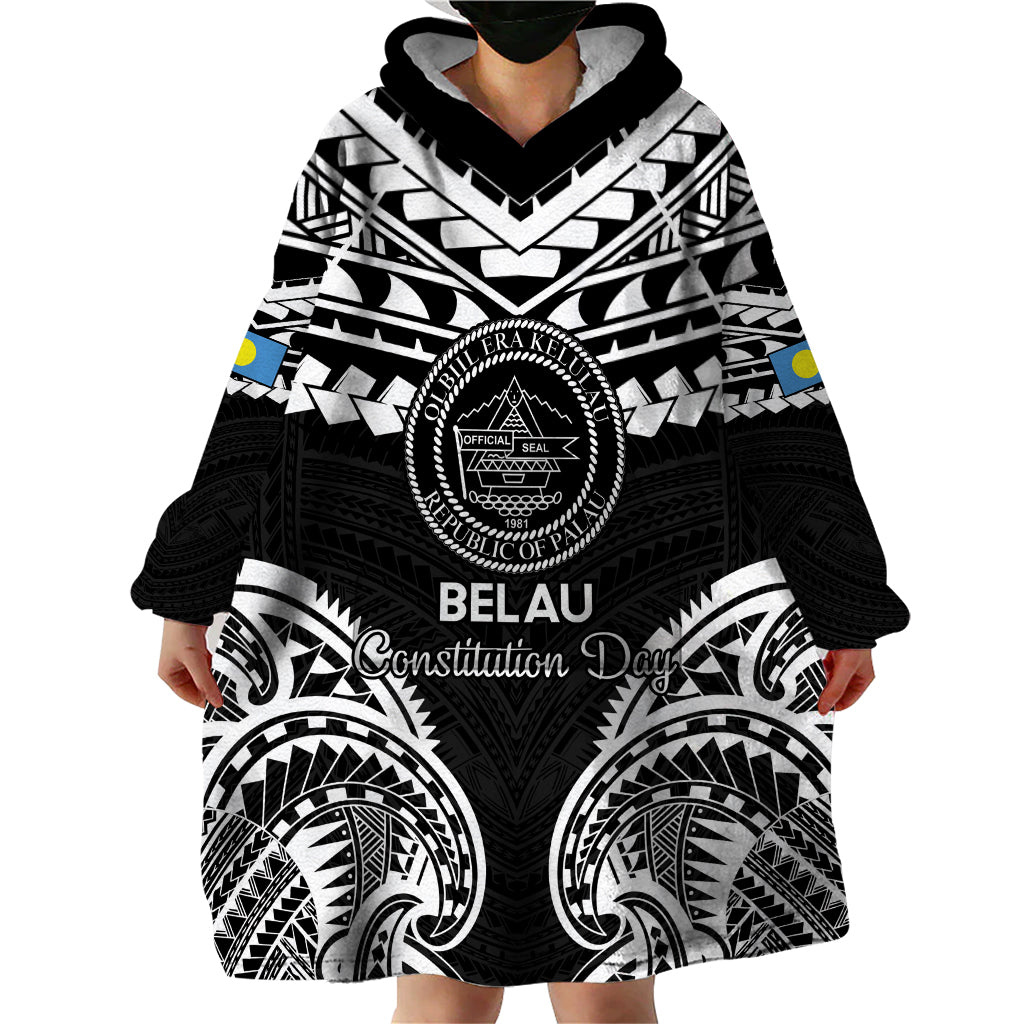 Palau Constitution Day Wearable Blanket Hoodie Belau Seal With Polynesian Pattern - Black LT14 - Polynesian Pride