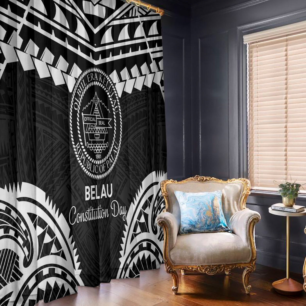 Palau Constitution Day Window Curtain Belau Seal With Polynesian Pattern - Black LT14 - Polynesian Pride