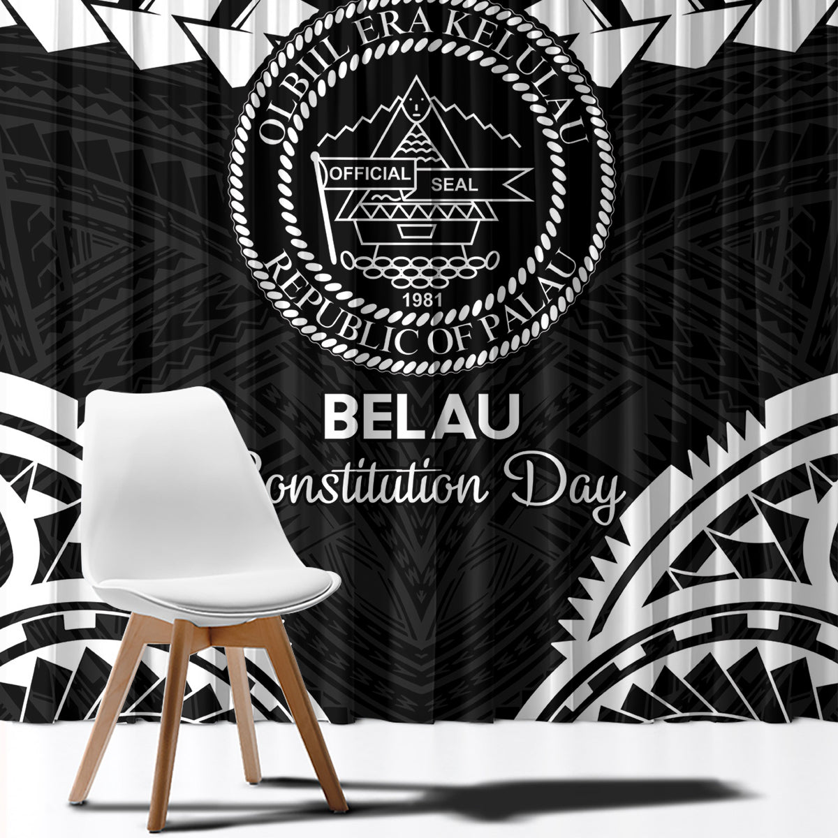 Palau Constitution Day Window Curtain Belau Seal With Polynesian Pattern - Black LT14 - Polynesian Pride