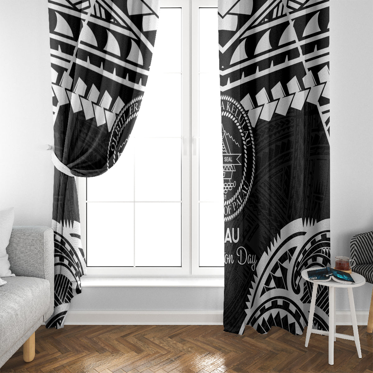 Palau Constitution Day Window Curtain Belau Seal With Polynesian Pattern - Black LT14 - Polynesian Pride
