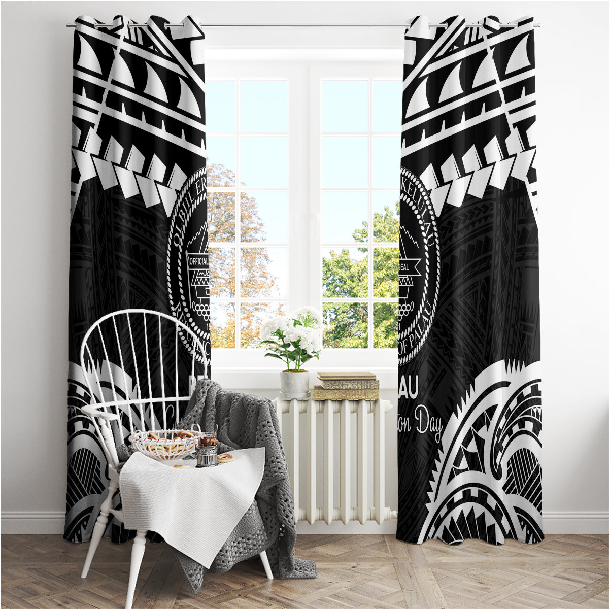 Palau Constitution Day Window Curtain Belau Seal With Polynesian Pattern - Black LT14 - Polynesian Pride