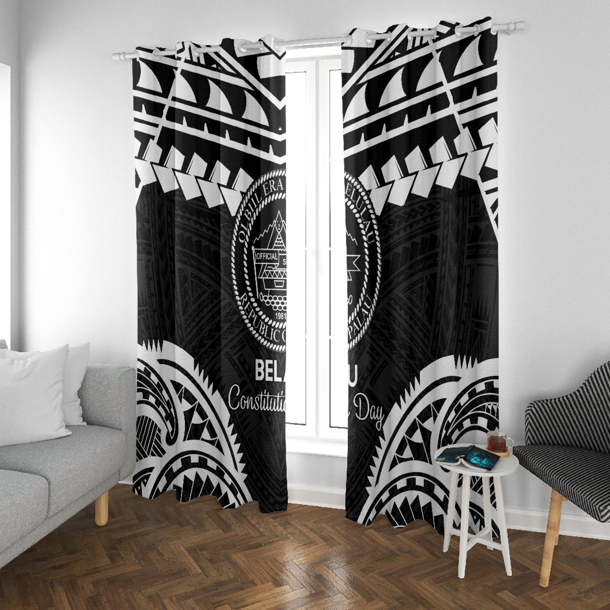 Palau Constitution Day Window Curtain Belau Seal With Polynesian Pattern - Black LT14 With Grommets Black - Polynesian Pride