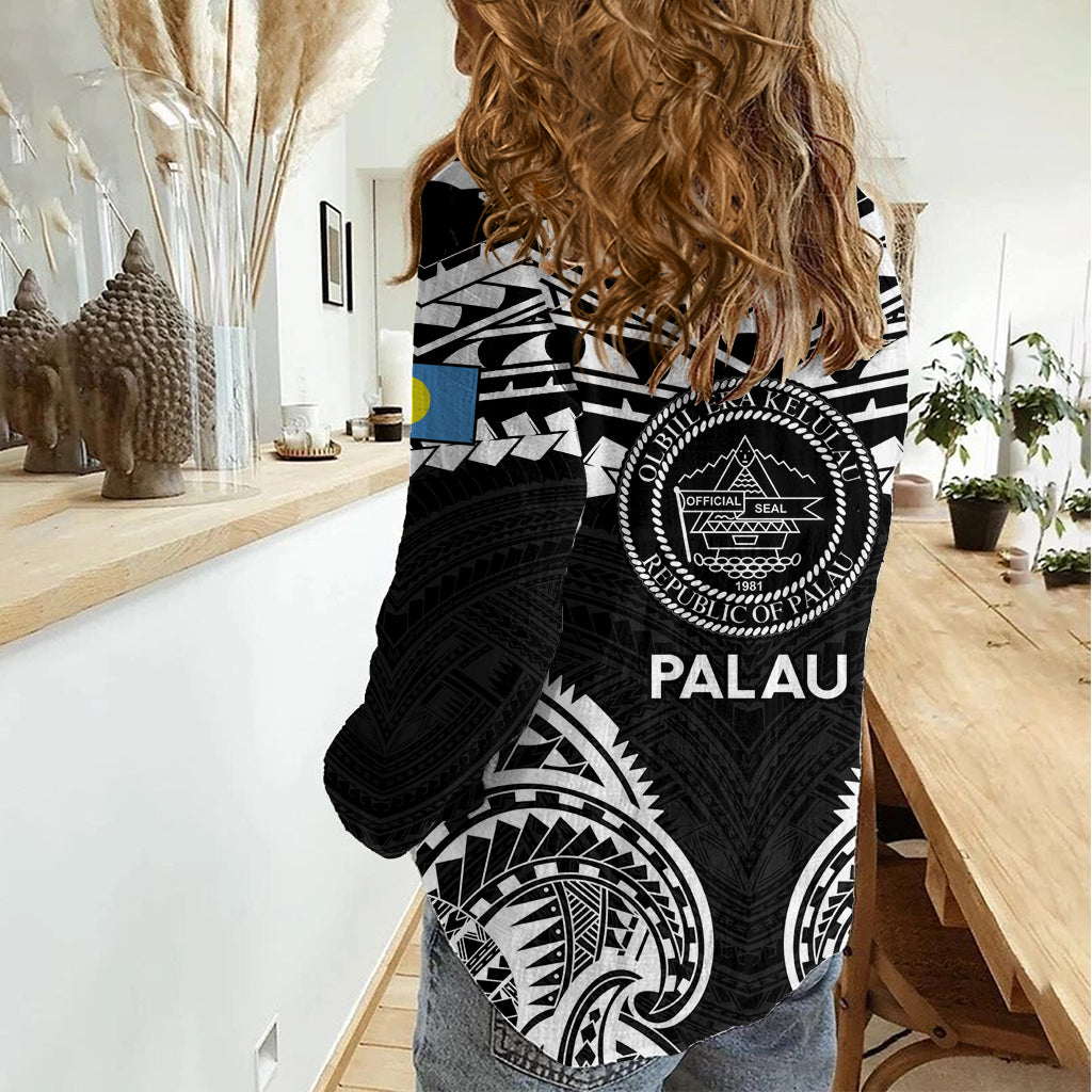 Palau Constitution Day Women Casual Shirt Belau Seal With Polynesian Pattern - Black LT14 - Polynesian Pride