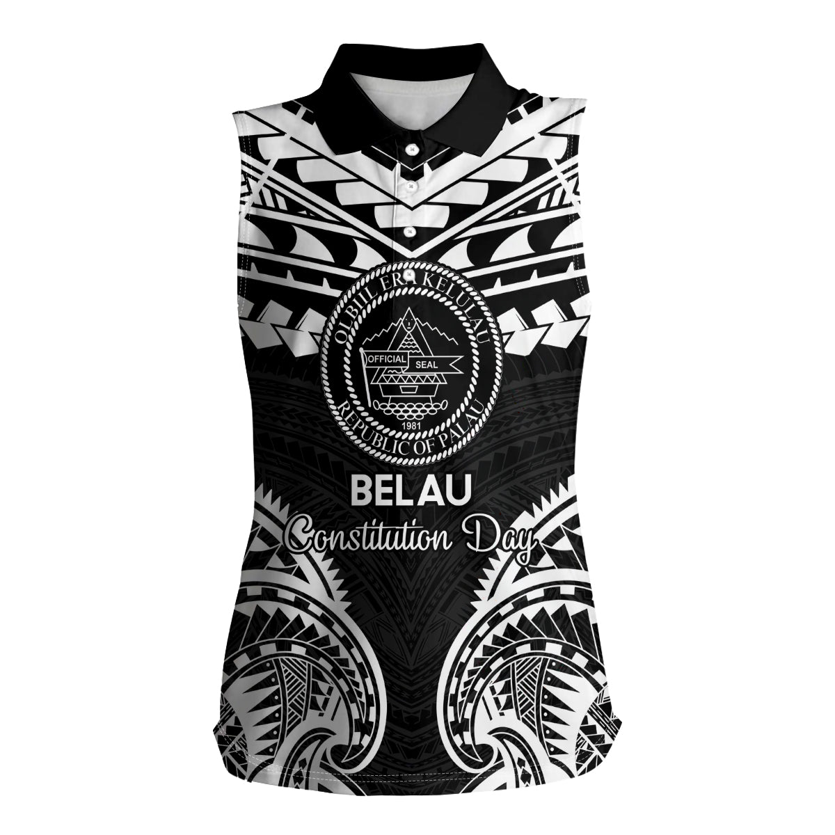 Palau Constitution Day Women Sleeveless Polo Shirt Belau Seal With Polynesian Pattern - Black