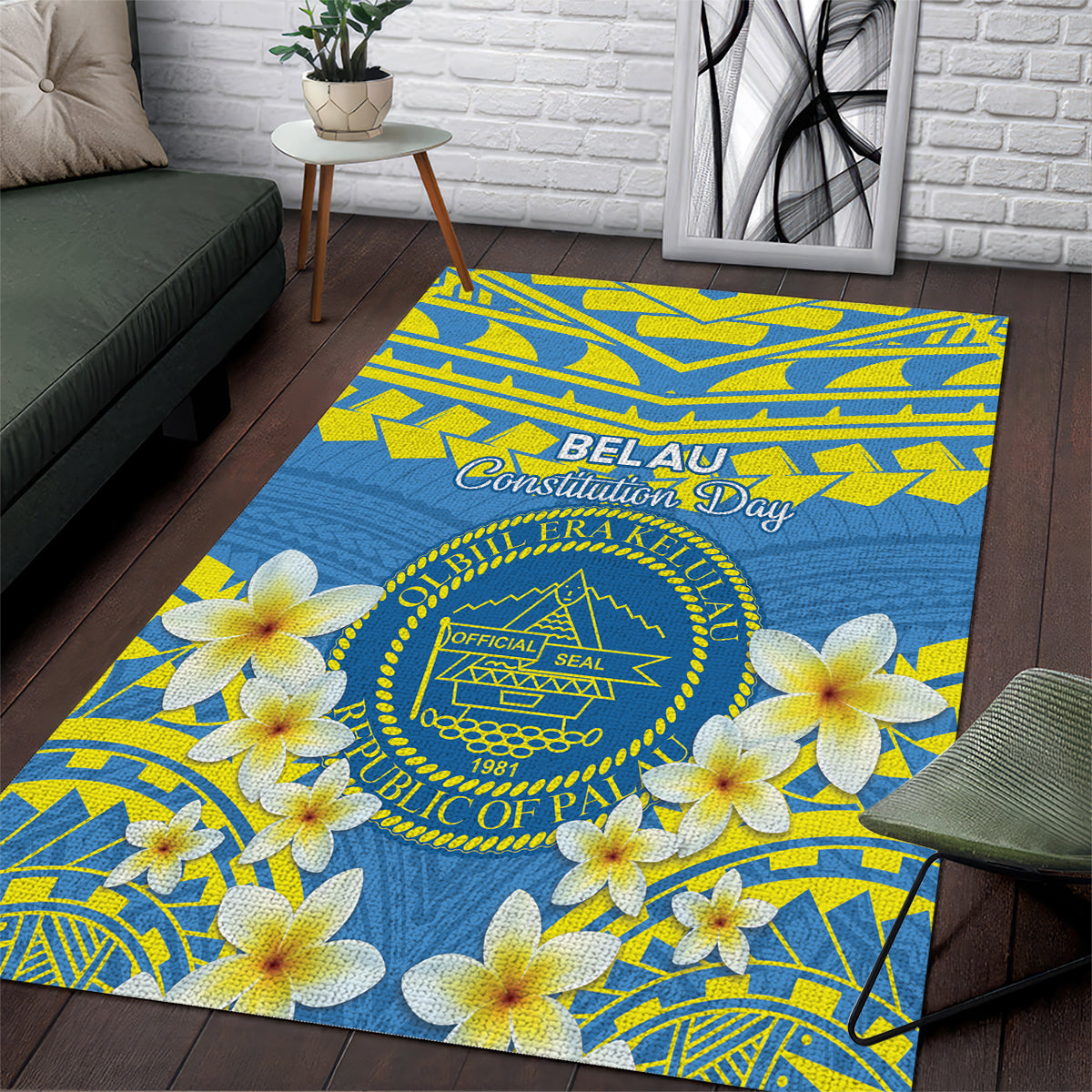 Palau Constitution Day Area Rug Belau Seal With Frangipani Polynesian Pattern - Blue LT14 Blue - Polynesian Pride