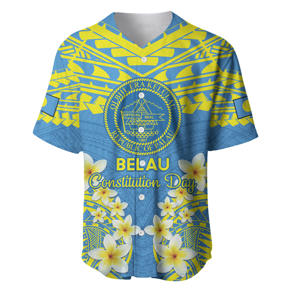 Palau Constitution Day Baseball Jersey Belau Seal With Frangipani Polynesian Pattern - Blue LT14 Blue - Polynesian Pride