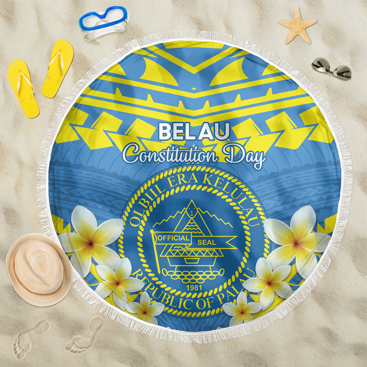 Palau Constitution Day Beach Blanket Belau Seal With Frangipani Polynesian Pattern - Blue LT14 One Size 150cm Blue - Polynesian Pride