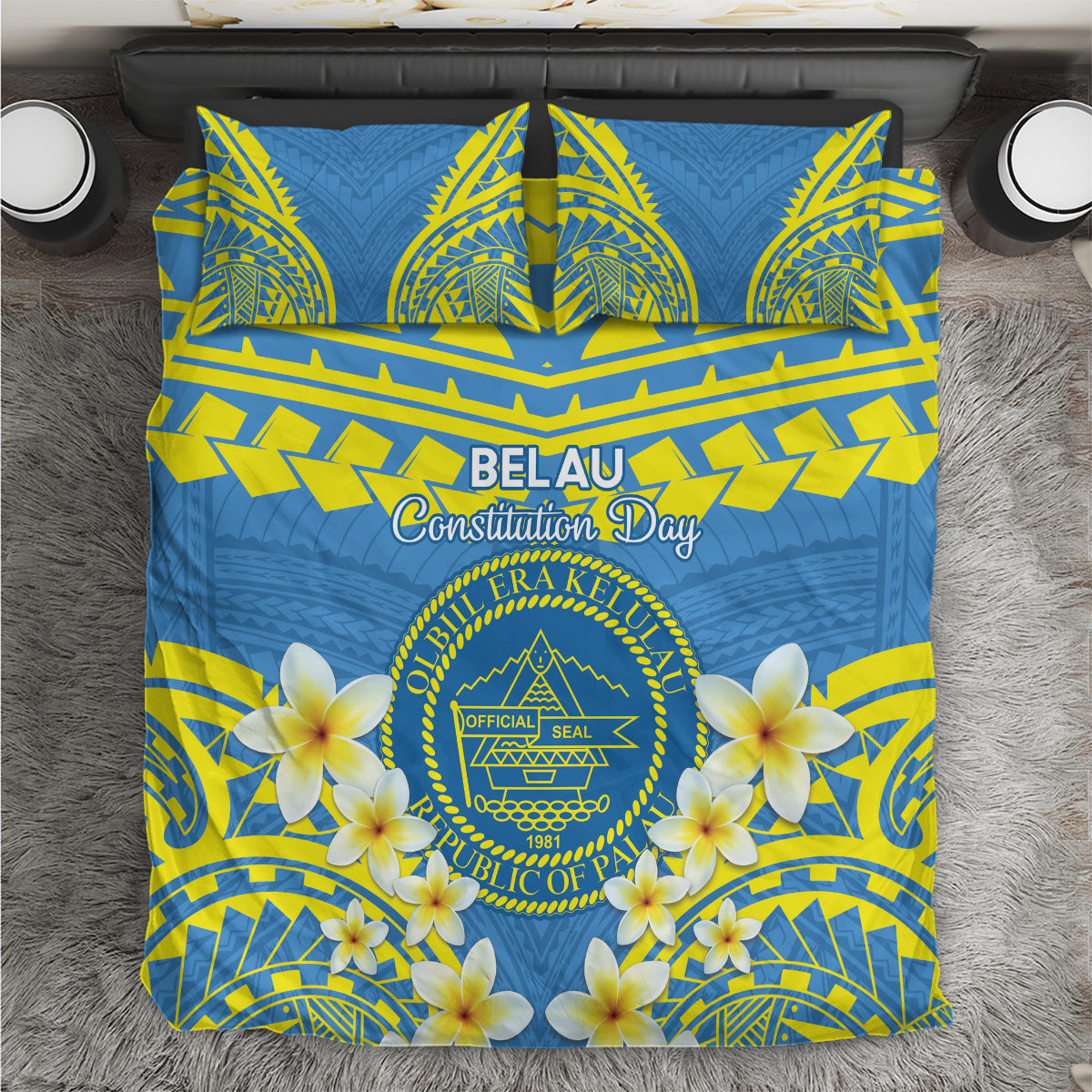 Palau Constitution Day Bedding Set Belau Seal With Frangipani Polynesian Pattern - Blue LT14 Blue - Polynesian Pride