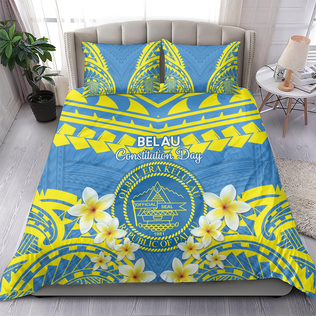 Palau Constitution Day Bedding Set Belau Seal With Frangipani Polynesian Pattern - Blue LT14 - Polynesian Pride