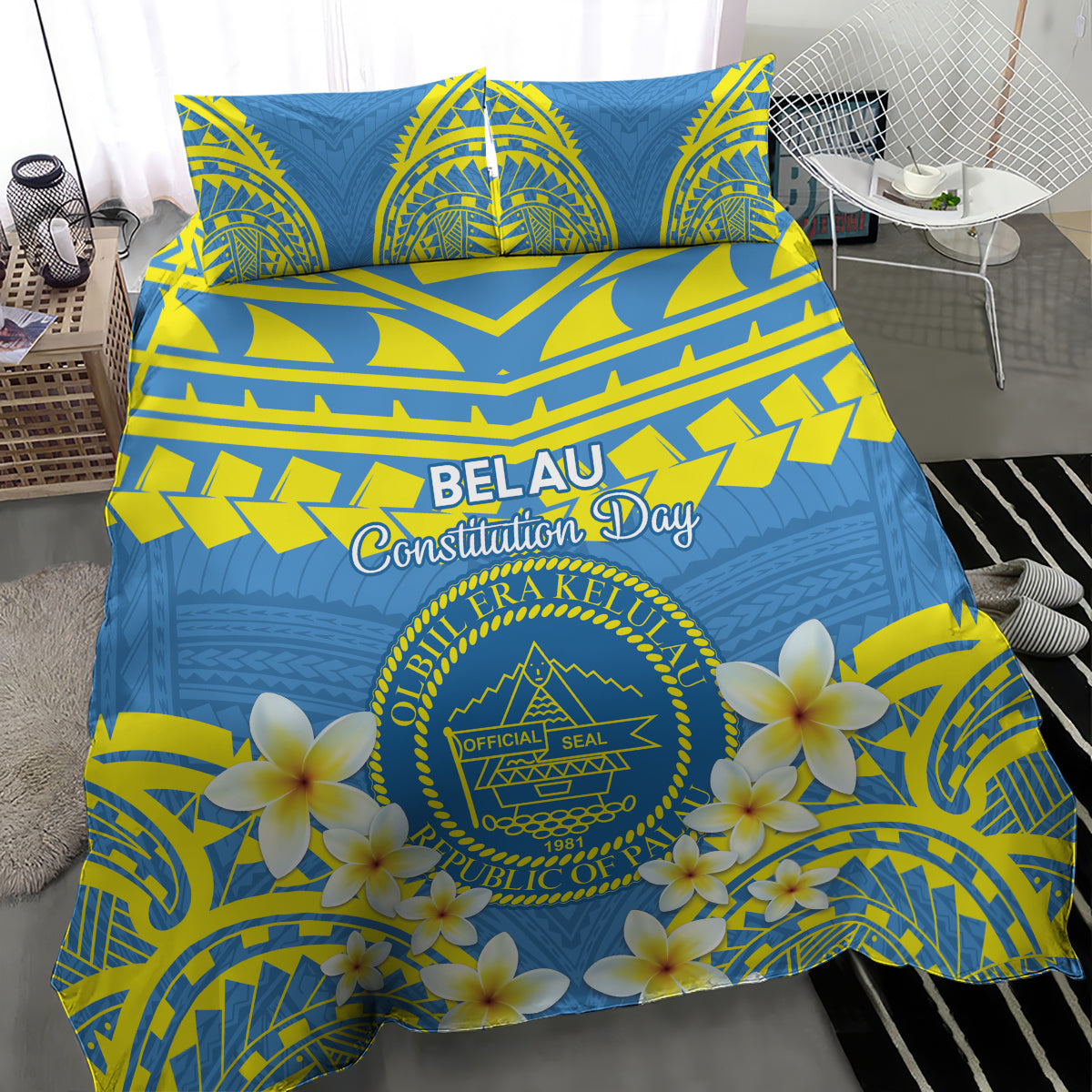 Palau Constitution Day Bedding Set Belau Seal With Frangipani Polynesian Pattern - Blue LT14 - Polynesian Pride