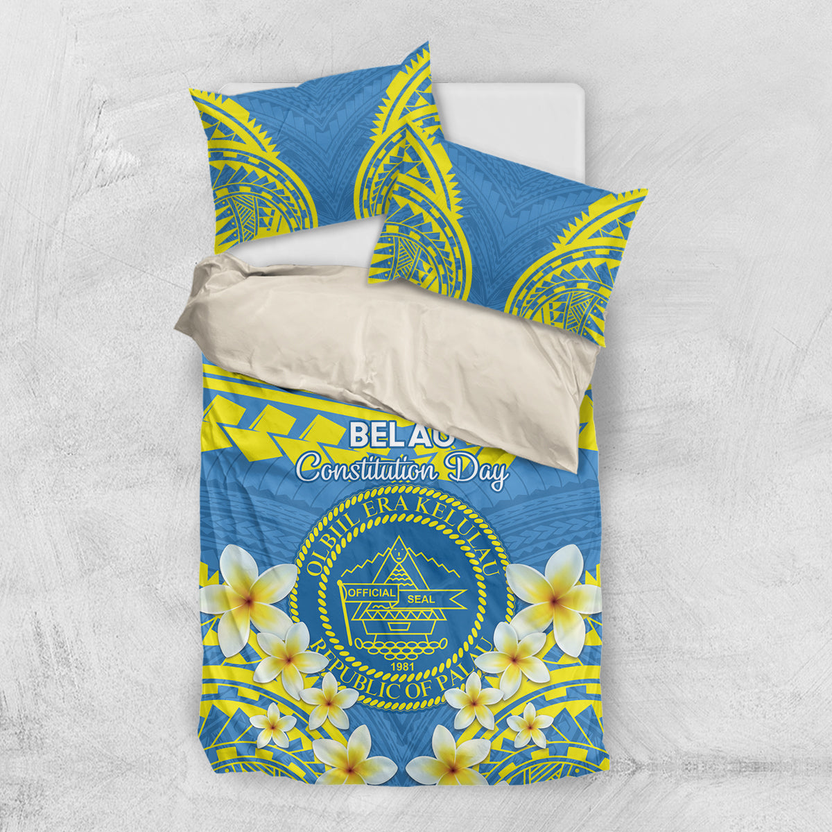 Palau Constitution Day Bedding Set Belau Seal With Frangipani Polynesian Pattern - Blue LT14 US Twin 172cm x 218cm Blue - Polynesian Pride