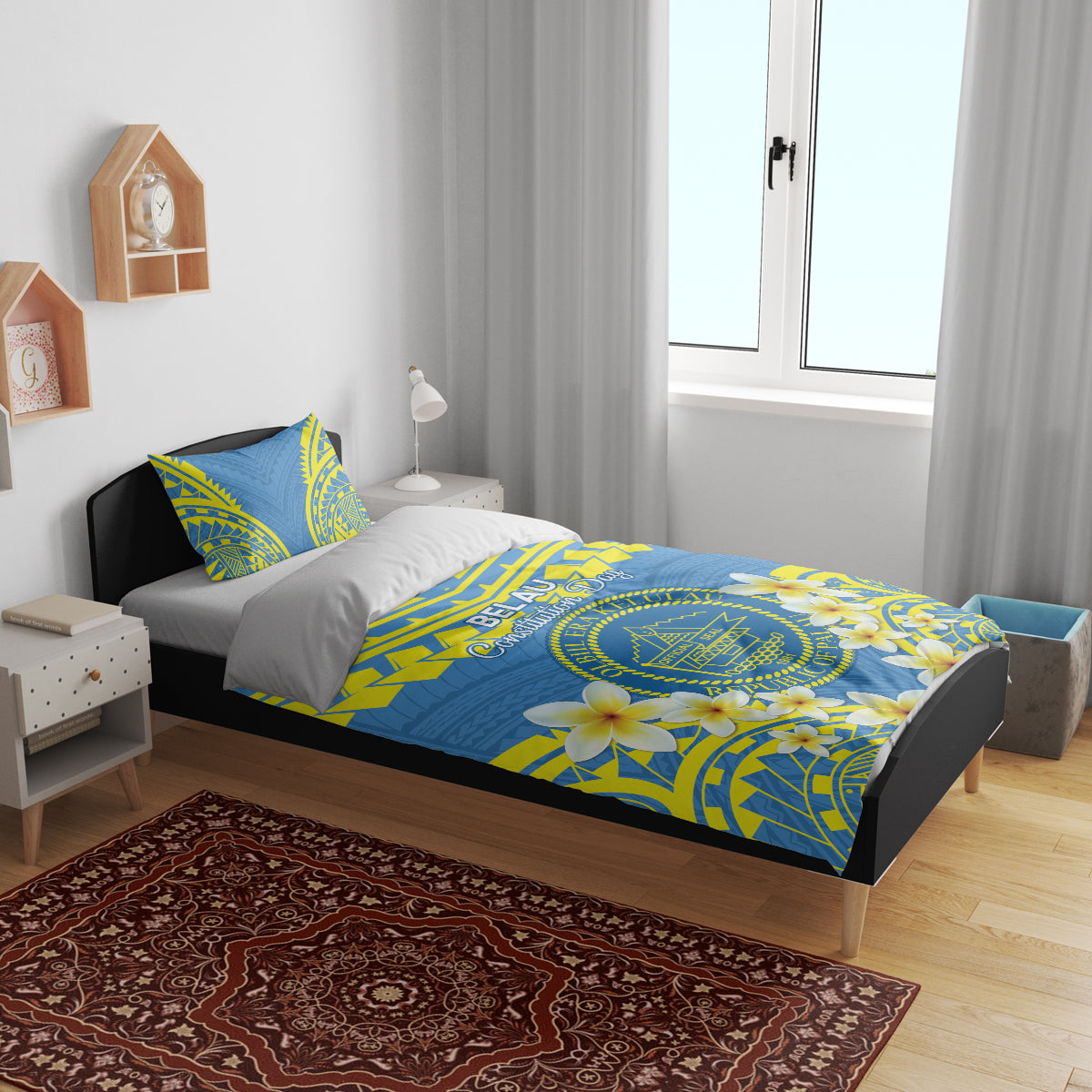 Palau Constitution Day Bedding Set Belau Seal With Frangipani Polynesian Pattern - Blue LT14 - Polynesian Pride