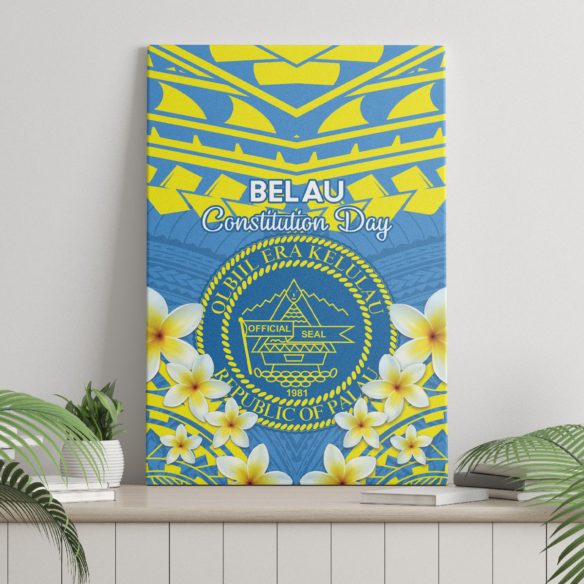 Palau Constitution Day Canvas Wall Art Belau Seal With Frangipani Polynesian Pattern - Blue LT14 - Polynesian Pride