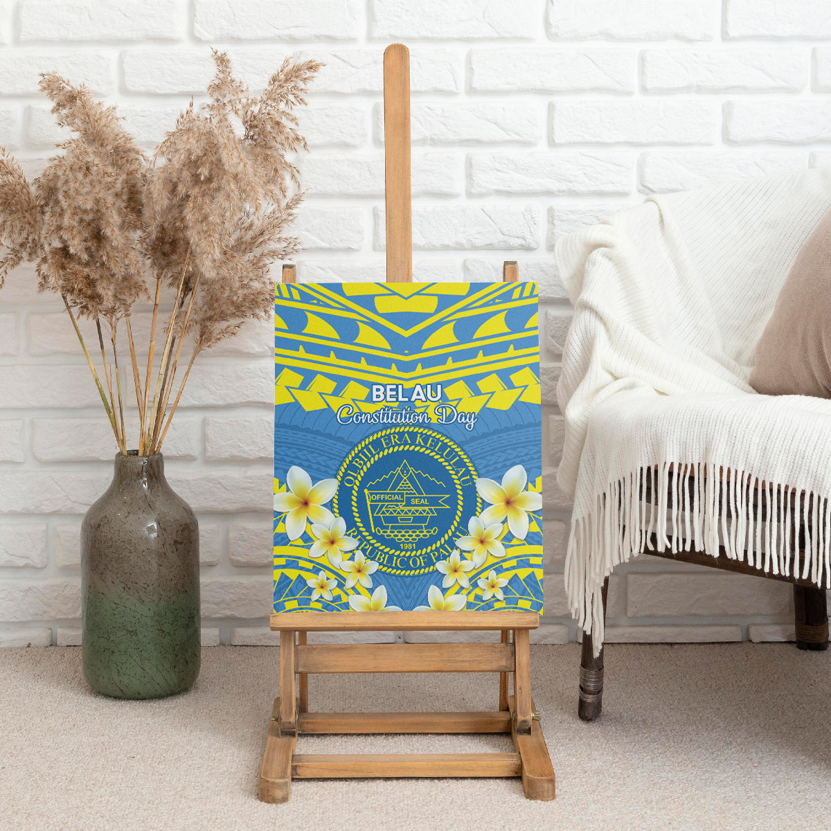 Palau Constitution Day Canvas Wall Art Belau Seal With Frangipani Polynesian Pattern - Blue LT14 - Polynesian Pride