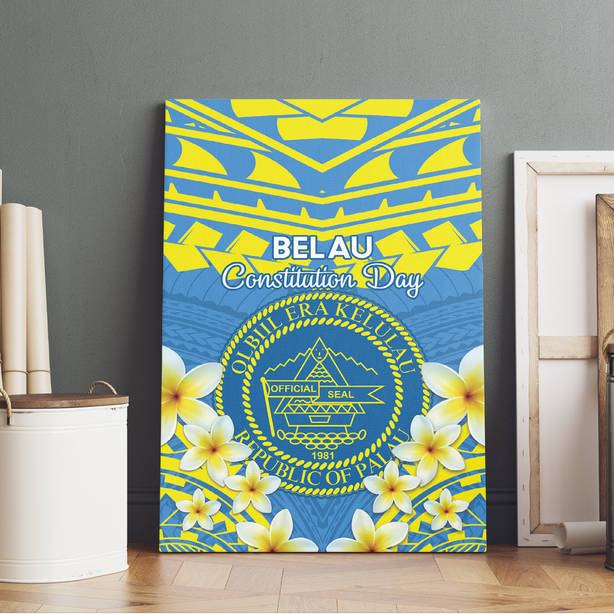 Palau Constitution Day Canvas Wall Art Belau Seal With Frangipani Polynesian Pattern - Blue LT14 - Polynesian Pride