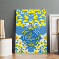 Palau Constitution Day Canvas Wall Art Belau Seal With Frangipani Polynesian Pattern - Blue LT14 - Polynesian Pride