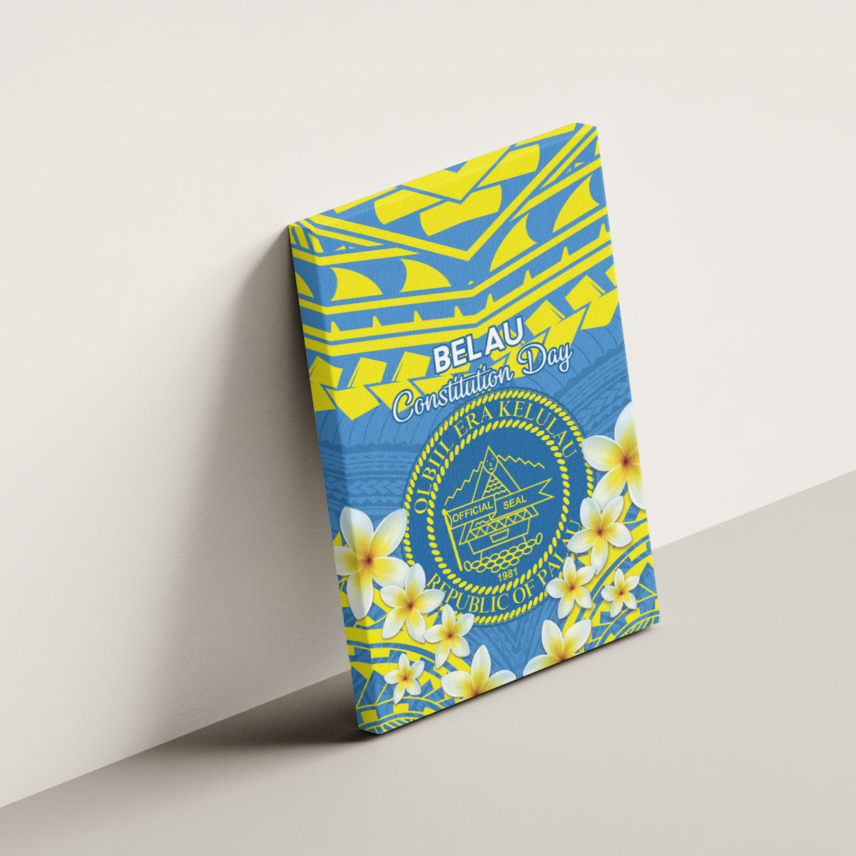 Palau Constitution Day Canvas Wall Art Belau Seal With Frangipani Polynesian Pattern - Blue LT14 - Polynesian Pride