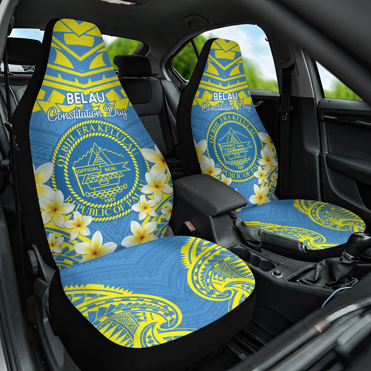 Palau Constitution Day Car Seat Cover Belau Seal With Frangipani Polynesian Pattern - Blue LT14 One Size Blue - Polynesian Pride