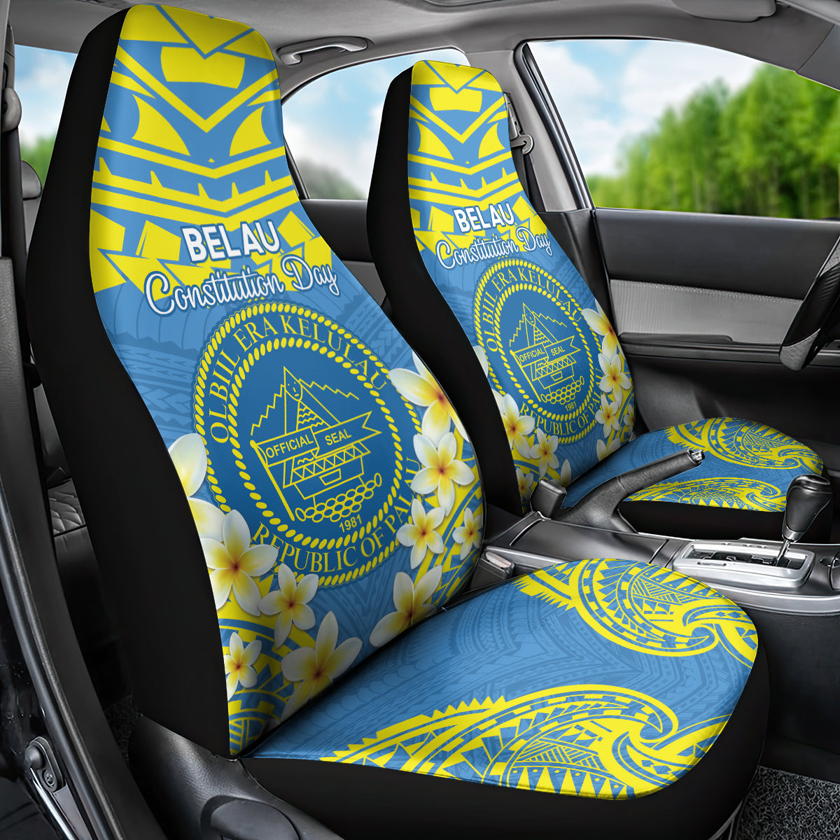 Palau Constitution Day Car Seat Cover Belau Seal With Frangipani Polynesian Pattern - Blue LT14 - Polynesian Pride