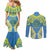 Palau Constitution Day Couples Matching Mermaid Dress and Long Sleeve Button Shirt Belau Seal With Frangipani Polynesian Pattern - Blue