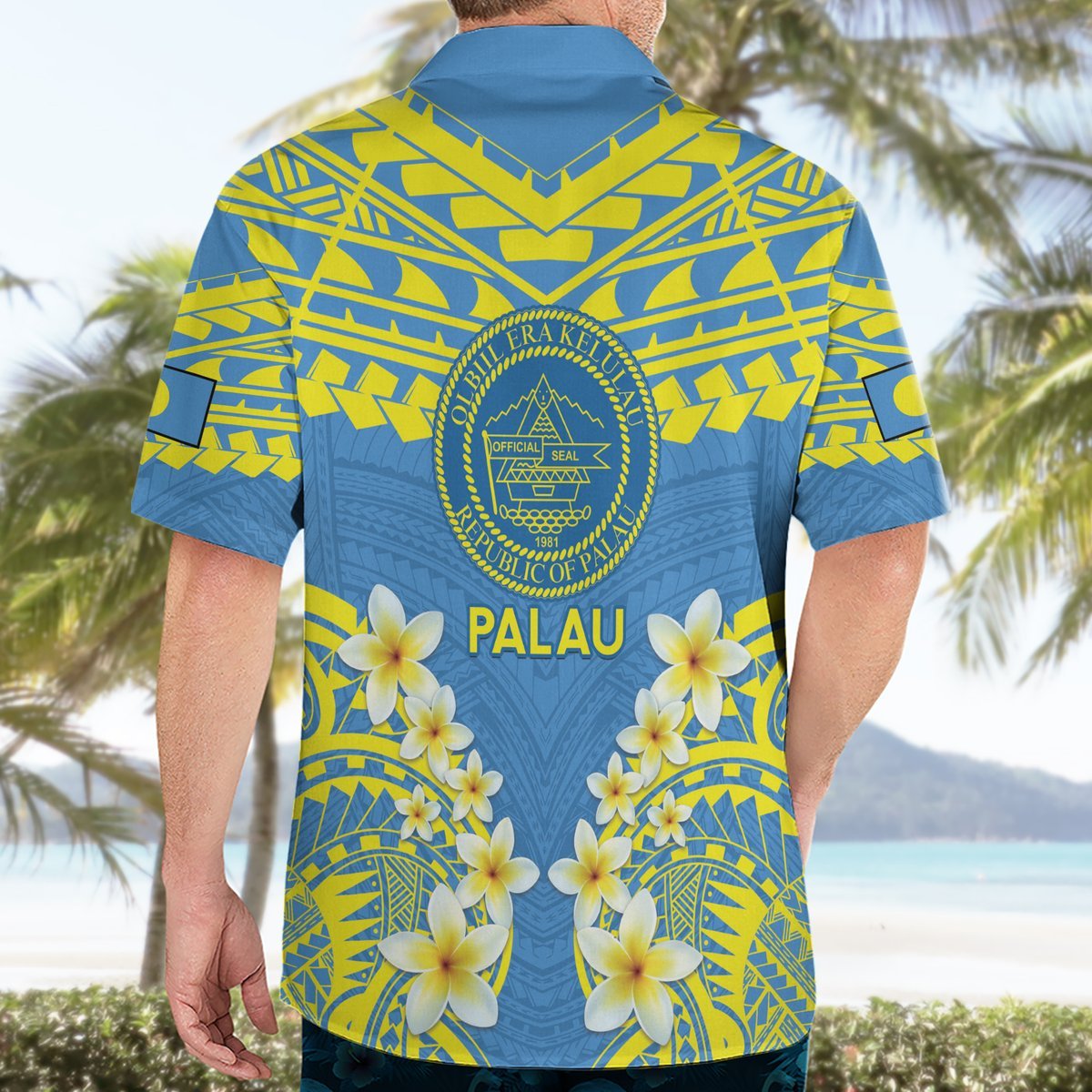 Palau Constitution Day Hawaiian Shirt Belau Seal With Frangipani Polynesian Pattern - Blue LT14 - Polynesian Pride