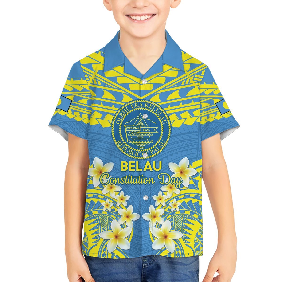Palau Constitution Day Hawaiian Shirt Belau Seal With Frangipani Polynesian Pattern - Blue LT14 - Polynesian Pride