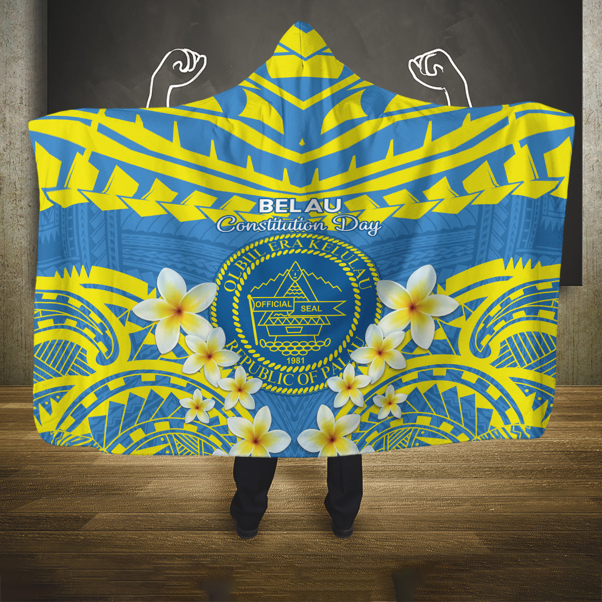 Palau Constitution Day Hooded Blanket Belau Seal With Frangipani Polynesian Pattern - Blue
