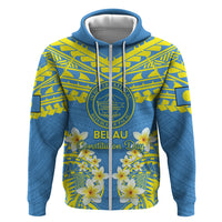 Palau Constitution Day Hoodie Belau Seal With Frangipani Polynesian Pattern - Blue LT14 Zip Hoodie Blue - Polynesian Pride