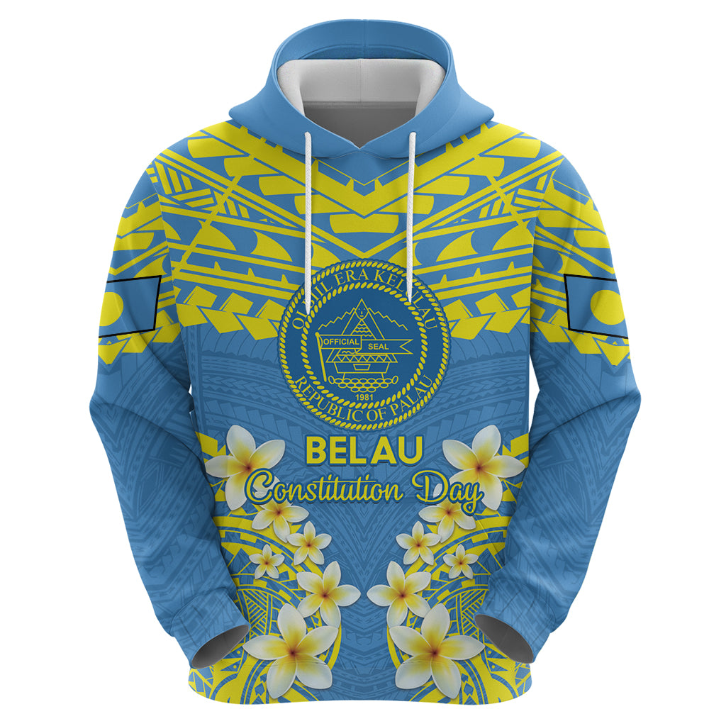 Palau Constitution Day Hoodie Belau Seal With Frangipani Polynesian Pattern - Blue LT14 - Polynesian Pride
