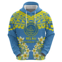 Palau Constitution Day Hoodie Belau Seal With Frangipani Polynesian Pattern - Blue LT14 - Polynesian Pride